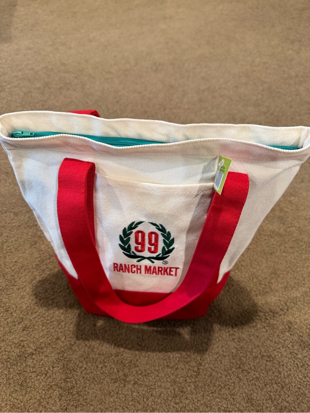 ZIPPERED Mini Tote 99 Ranch Market Red Green logo on Cream with Green Zipper